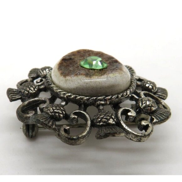 Vintage Deer Antler Brooch Green Gem Silver Tone 1.5" Ornate Metalwork - Picture 4 of 9